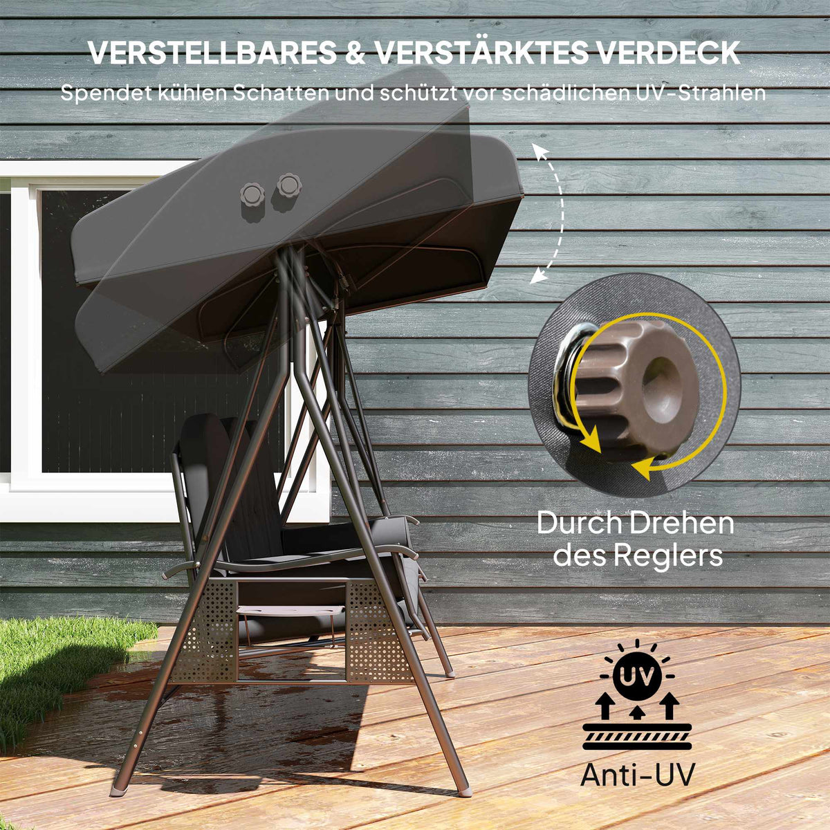 3-Seater Garden Swing with Canopy and Tray, Dark Grey