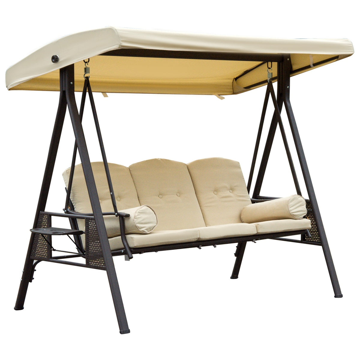 3-Seater Hollywood Swing Garden Swing With Sun Canopy Cushion Metal Polyester Beige + Brown 120 X 208 X 172 Cm