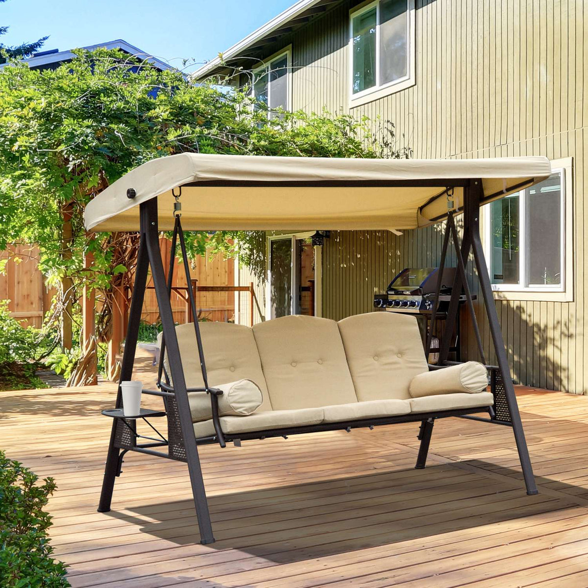 3-Seater Hollywood Swing Garden Swing With Sun Canopy Cushion Metal Polyester Beige + Brown 120 X 208 X 172 Cm