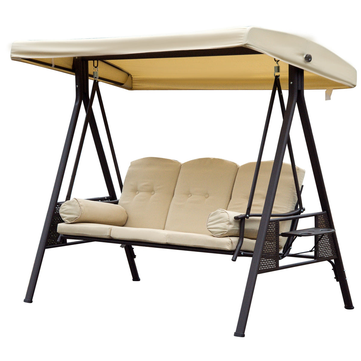 3-Seater Hollywood Swing Garden Swing With Sun Canopy Cushion Metal Polyester Beige + Brown 120 X 208 X 172 Cm