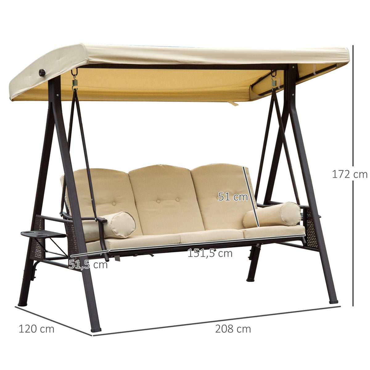3-Seater Hollywood Swing Garden Swing With Sun Canopy Cushion Metal Polyester Beige + Brown 120 X 208 X 172 Cm