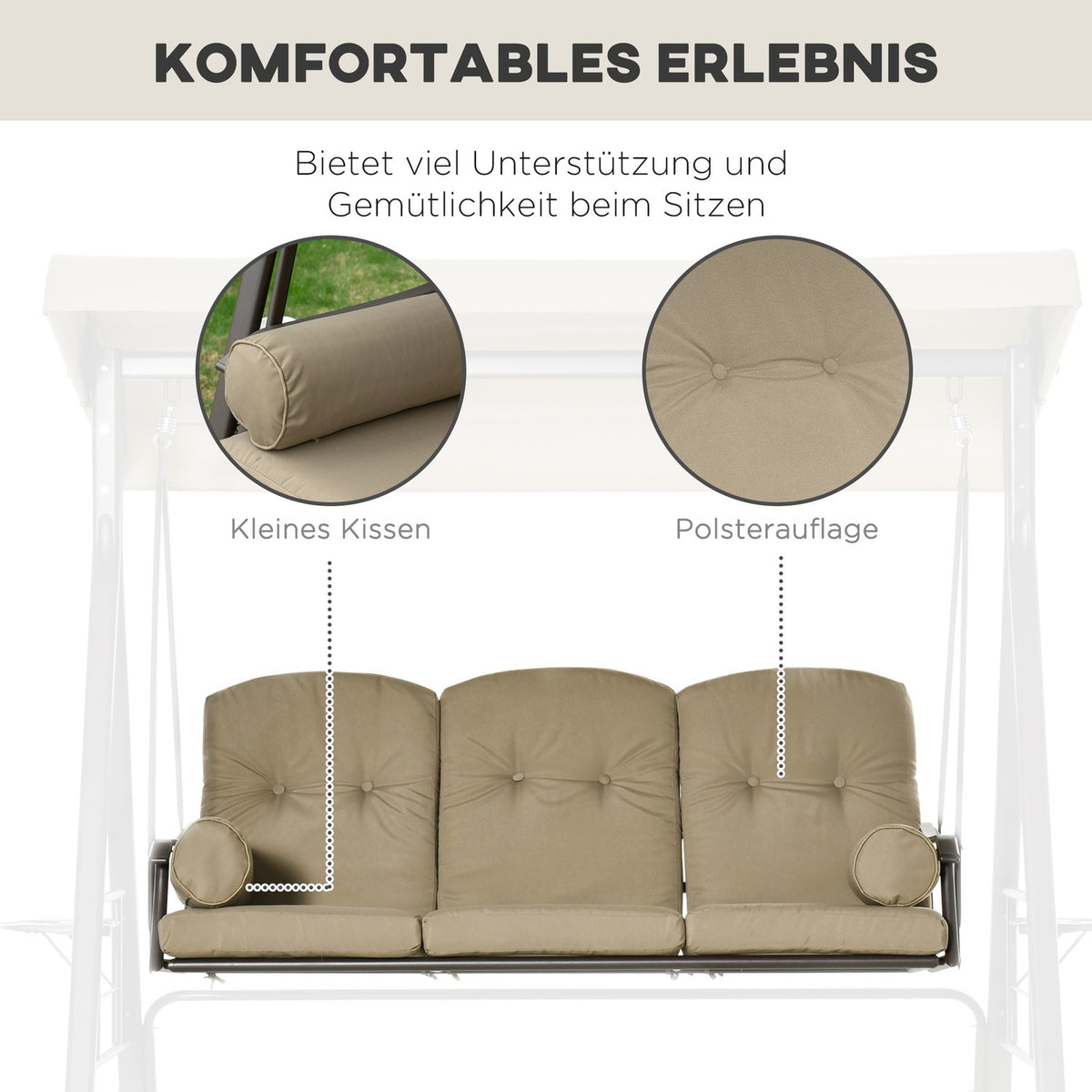 3-Seater Hollywood Swing Garden Swing With Sun Canopy Cushion Metal Polyester Khaki 116 X 206 X 183 Cm