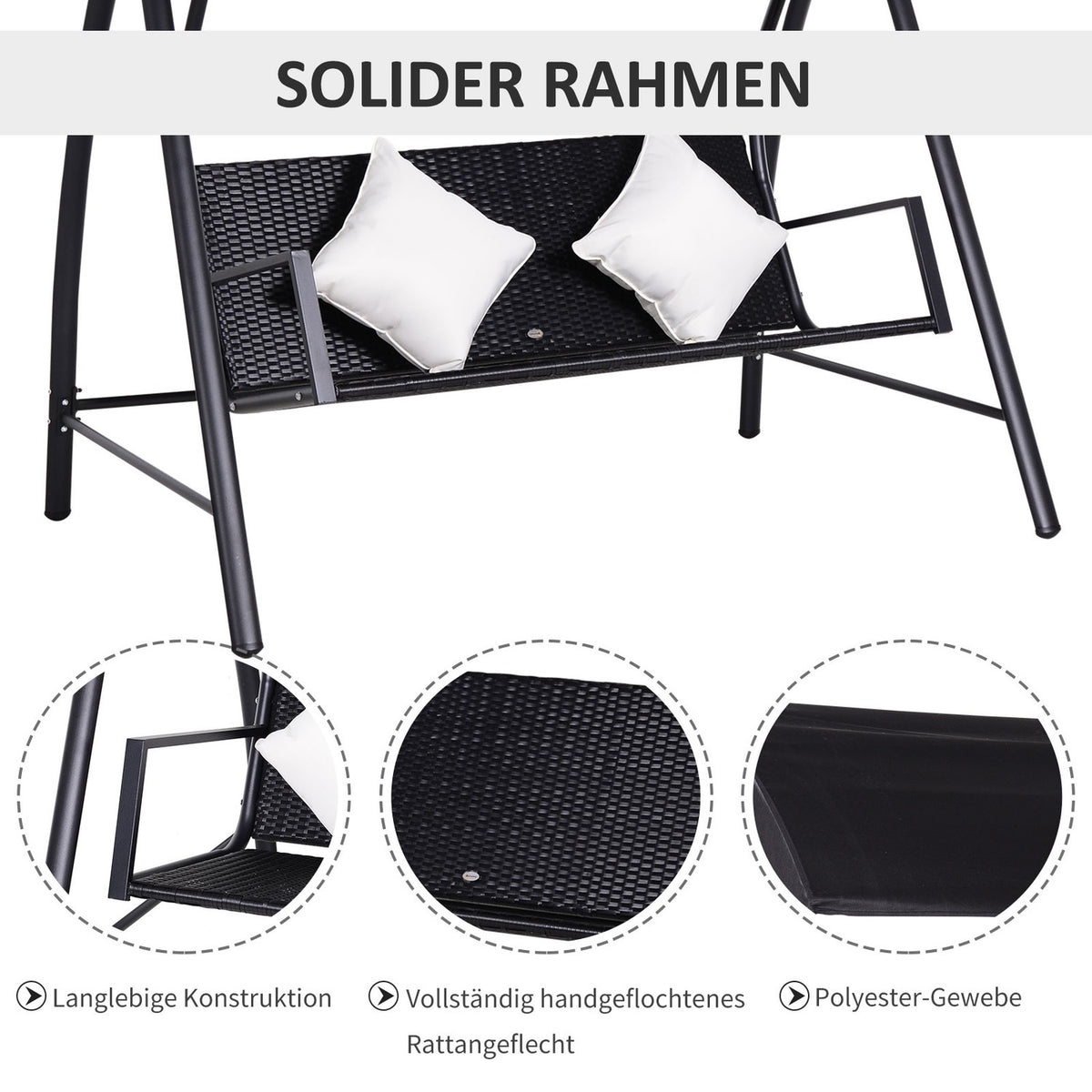3-Seater Hollywood Swing Polyrattan Metal With Cushion Holds Up To 360Kg New (Black)
