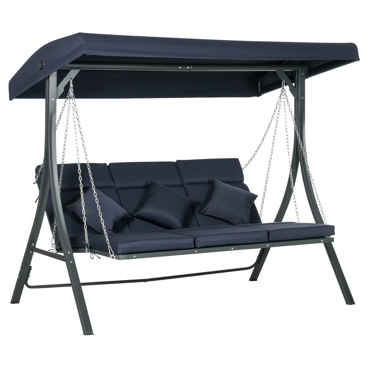3-Seater Hollywood Swing, Swing Bench With Adjustable Sun Canopy, Garden Swing With Cushion, Load Capacity Up To 270 Kg, Metal, Textline, Dark Blue, 198 X 118 X 168 Cm