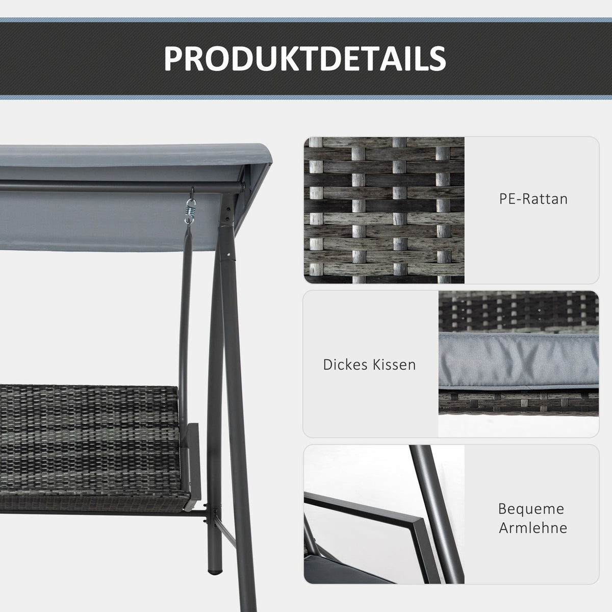 3-Seater Hollywood Swing With Roof Garden Swing Polyrattan + Metal Gray 198 X 124 X 179 Cm