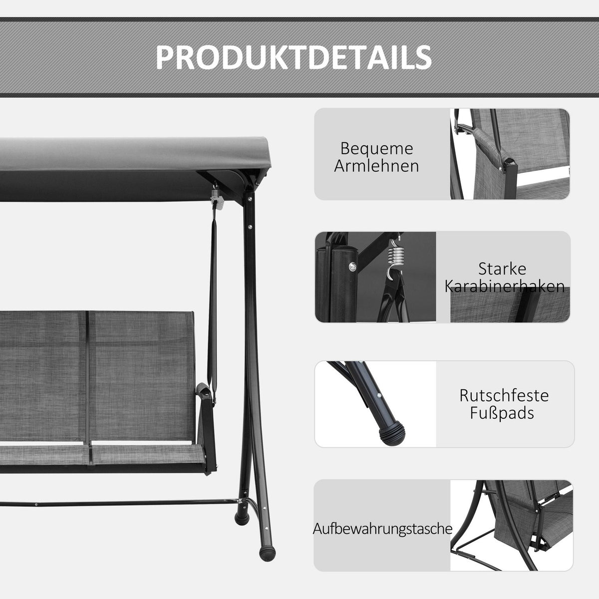 3-Seater Porch Swing, Garden Swing With Sun Canopy, Swing Bench With Shelf, Aluminum, Gray, 196 X 128 X 172 Cm