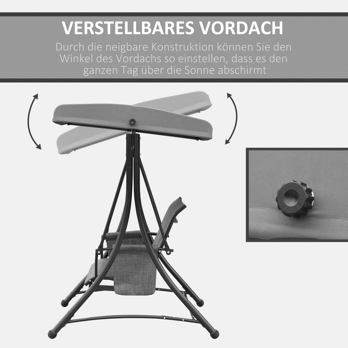 3-Seater Porch Swing, Garden Swing With Sun Canopy, Swing Bench With Shelf, Aluminum, Gray, 196 X 128 X 172 Cm