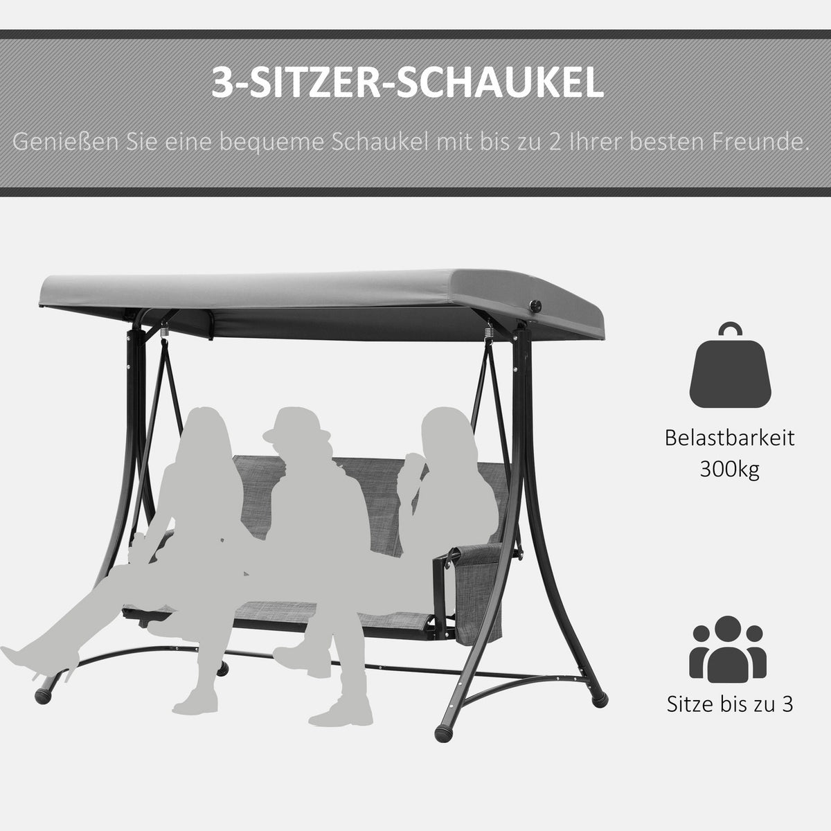 3-Seater Porch Swing, Garden Swing With Sun Canopy, Swing Bench With Shelf, Aluminum, Gray, 196 X 128 X 172 Cm