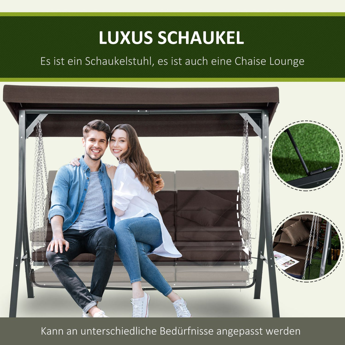 3-Seater Porch Swing, Swing Bench With Adjustable Sun Canopy, With Cushion, Load Capacity Up To 270 Kg, Metal, Textline, Brown
