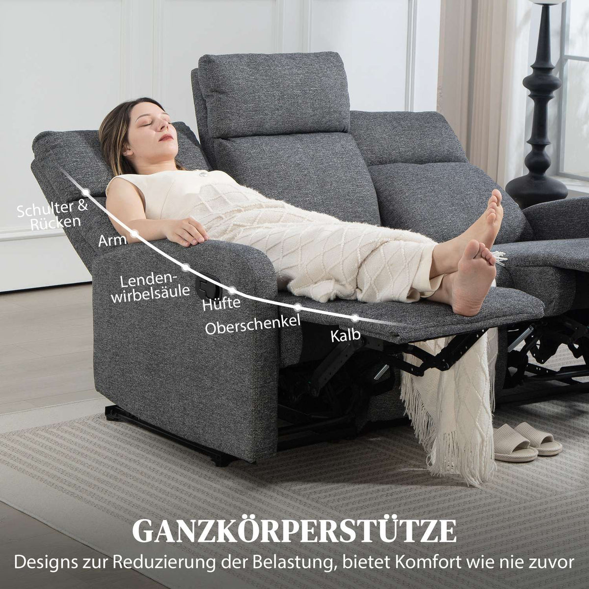 3-Seater Recliner Sofa, Adjustable Backrests, Grey Fabric