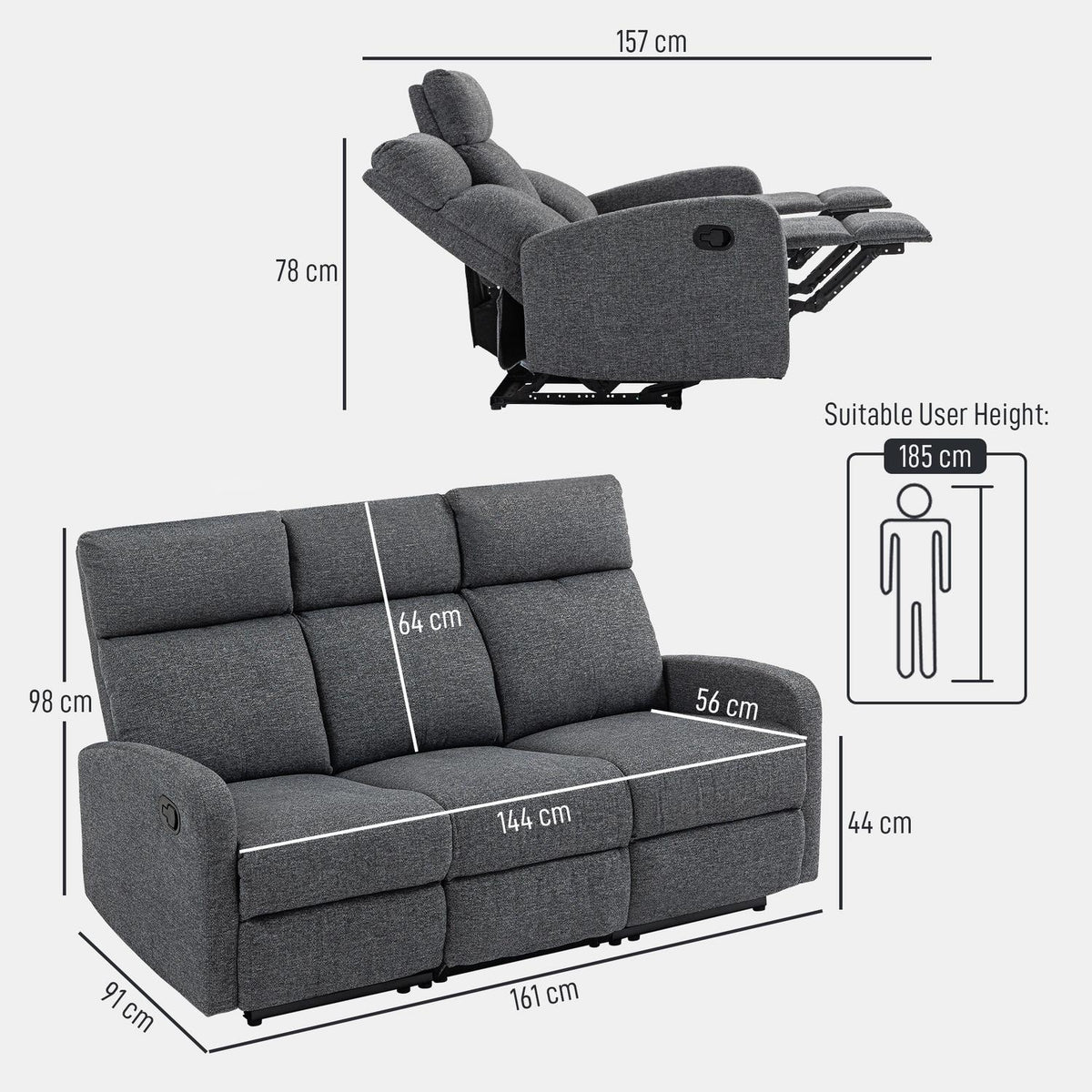 3-Seater Recliner Sofa, Adjustable Backrests, Grey Fabric