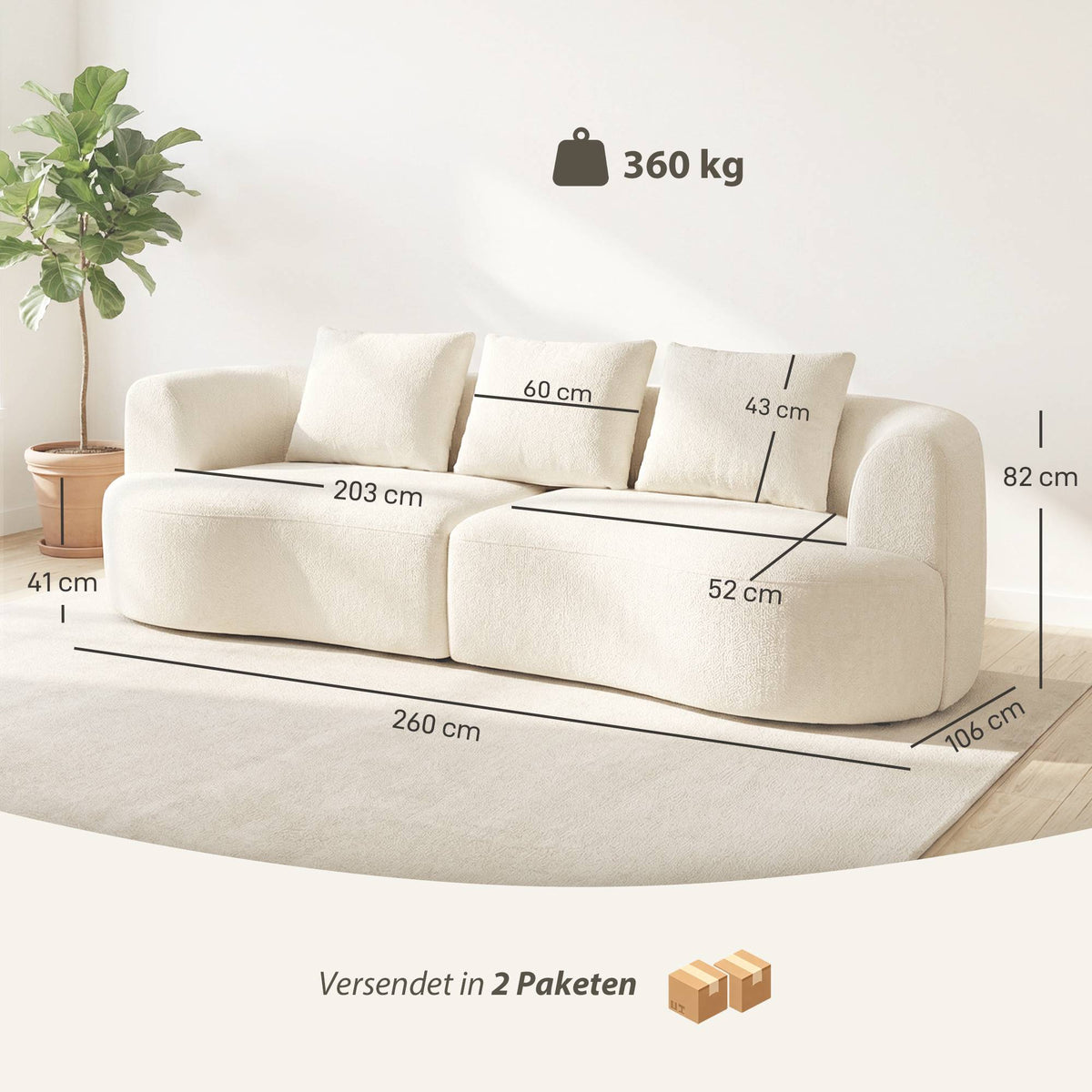 3-Seater Sofa, 203 cm, Chenille Fabric, Cream White