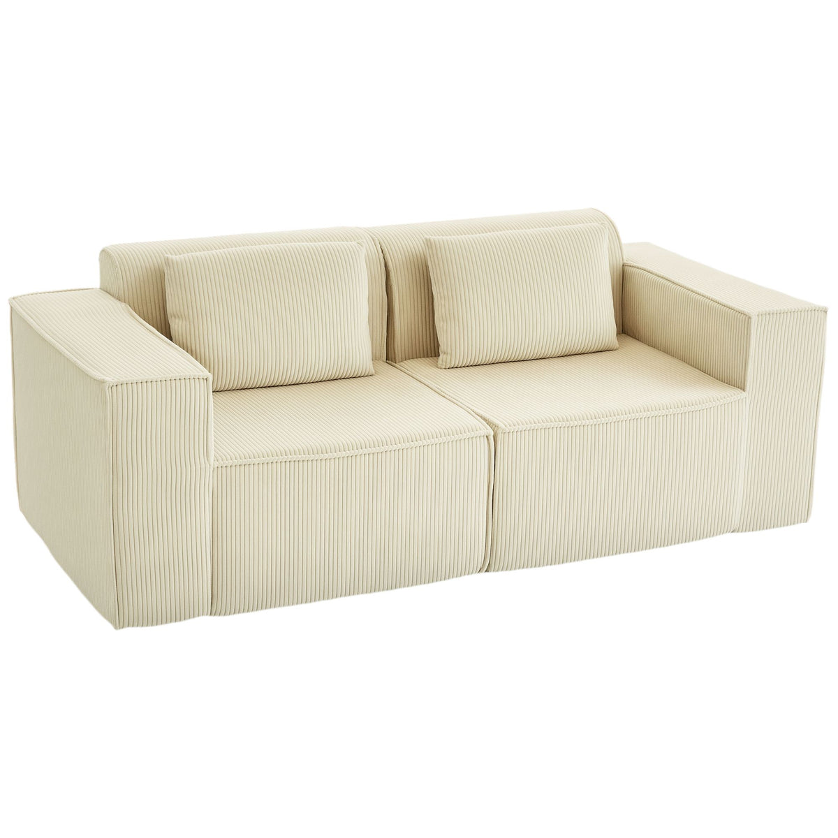 3-Seater Sofa, Cord Fabric, Wide Armrests, 2 Cushions, Beige