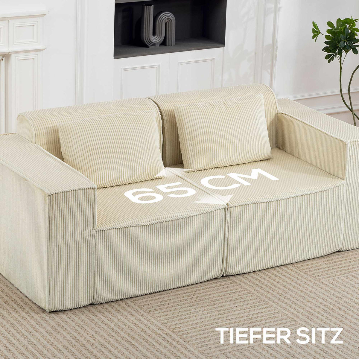 3-Seater Sofa, Cord Fabric, Wide Armrests, 2 Cushions, Beige