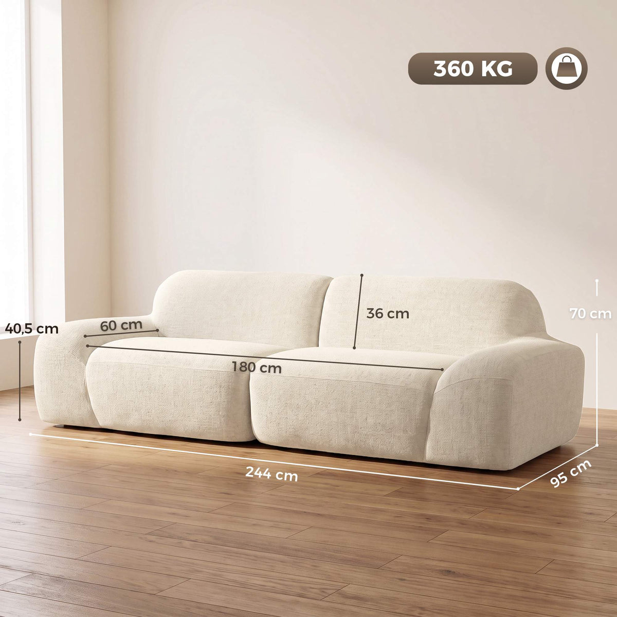 3-Seater Sofa, Cream White, Chenille Upholstery, No Assembly
