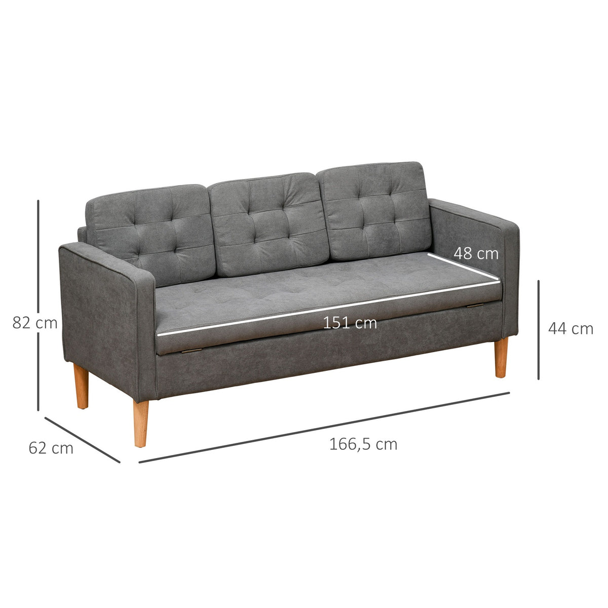 3-Seater Sofa Fabric Sofa Double Sofa Removable With Cushions Rubber Wood Cotton Gray 166.5 X 62 X 82 Cm