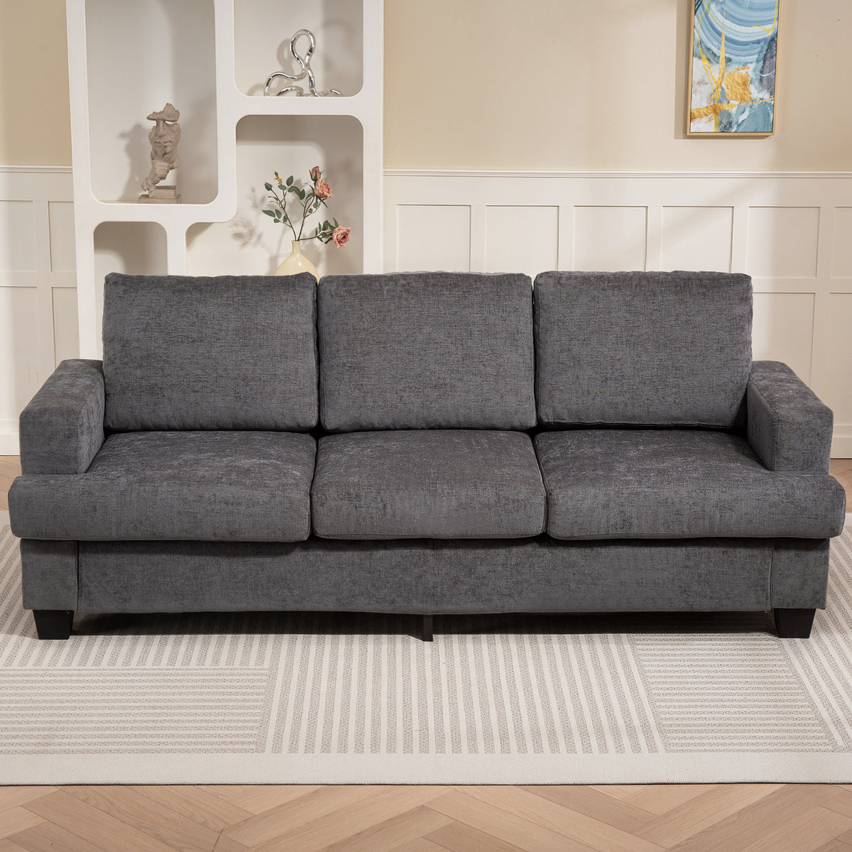 3-Seater Sofa, Grey Fabric Upholstery, Steel Frame