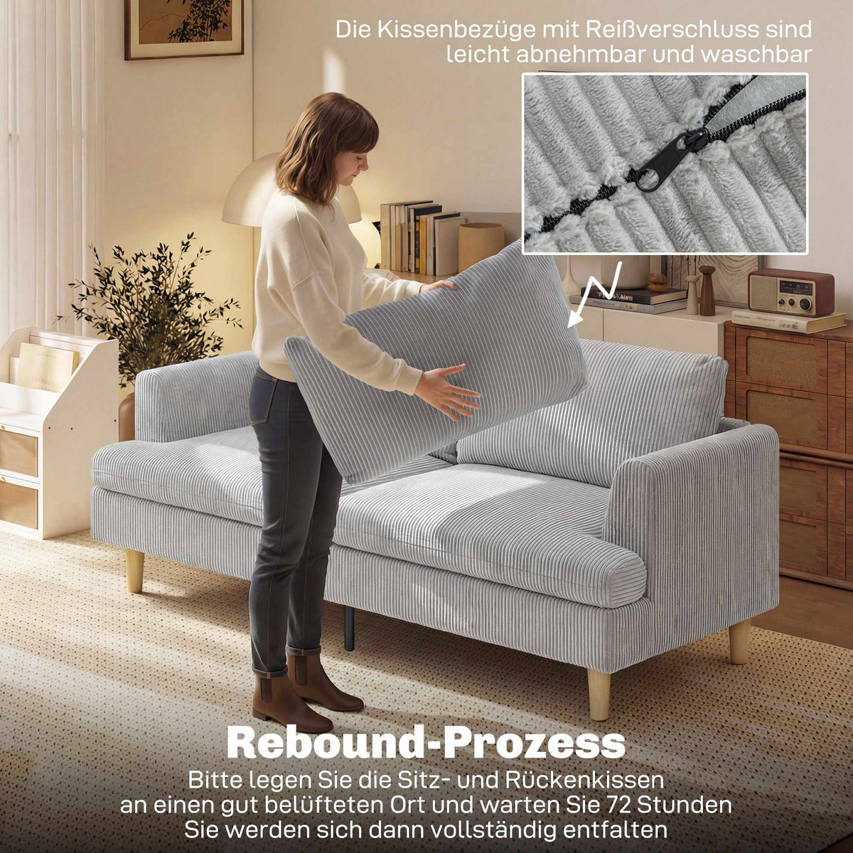 3-Seater Sofa, High-Density Foam, Cord Fabric, 188 cm