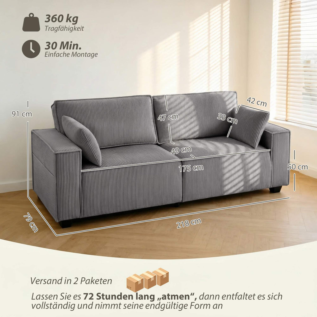 3-Seater Sofa, Light Grey Corduroy, Pocket Spring Cushions