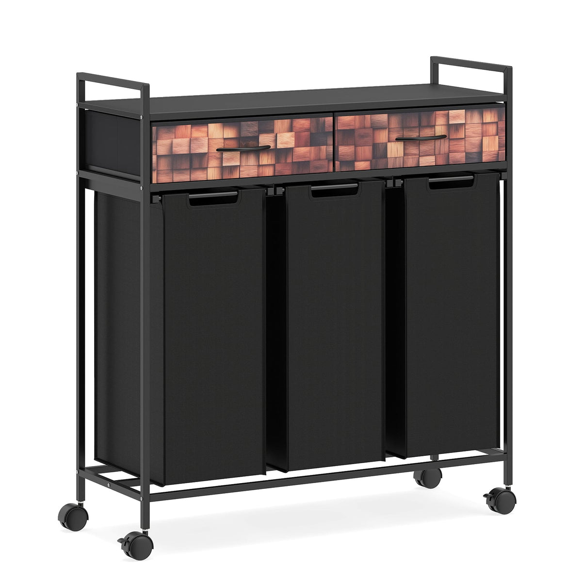 3-Section Laundry Cart with Removable Bags and Drawers