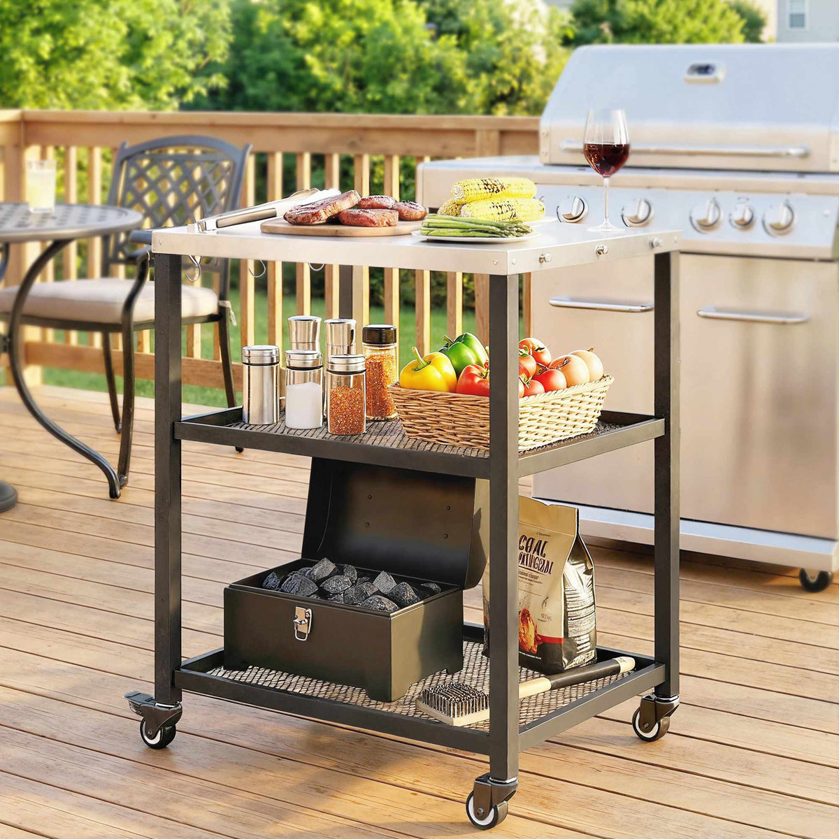 3-Tier BBQ Cart with Adjustable Shelves and Wheels
