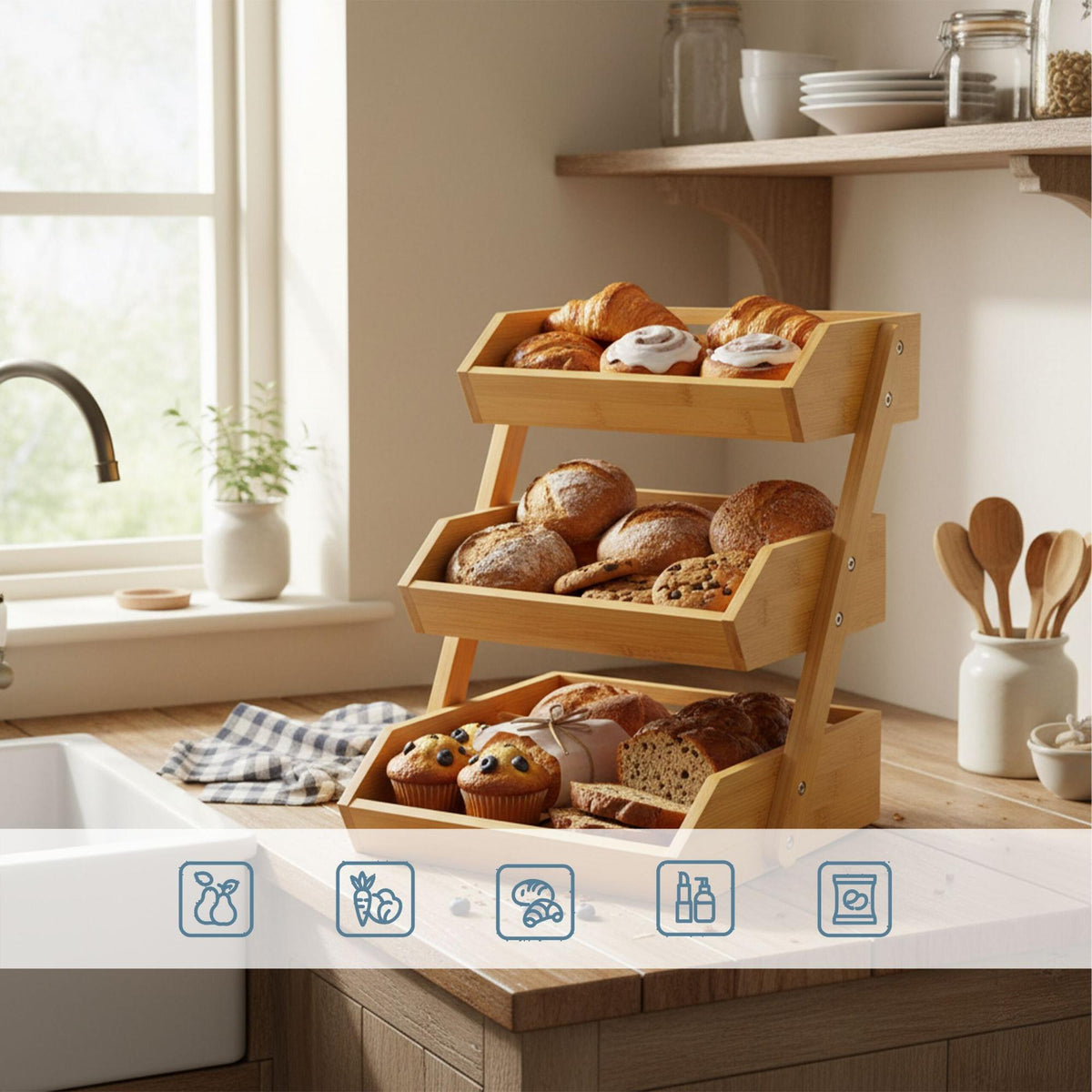 3-Tier Bamboo Fruit Stand for Kitchen Storage