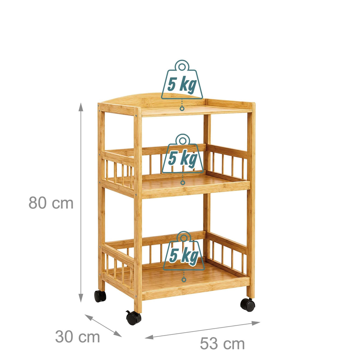 3-Tier Bamboo Kitchen Trolley with Swivel Castors