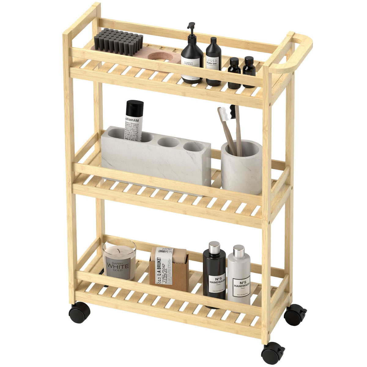 3 Tier Bamboo Serving Trolley Kitchen Trolley with Wheel Utility Trolley with Handle Storage Trolley for Office Living Room Kitchen 55x20x75cm Natural Wood