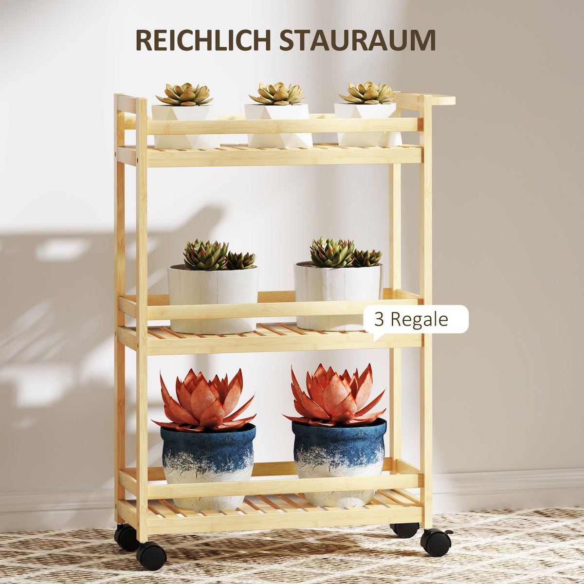 3 Tier Bamboo Serving Trolley Kitchen Trolley with Wheel Utility Trolley with Handle Storage Trolley for Office Living Room Kitchen 55x20x75cm Natural Wood