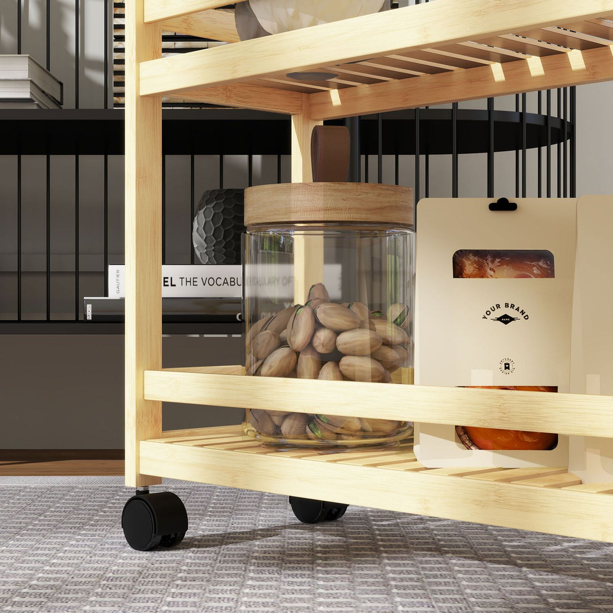 3 Tier Bamboo Serving Trolley Kitchen Trolley with Wheel Utility Trolley with Handle Storage Trolley for Office Living Room Kitchen 55x20x75cm Natural Wood