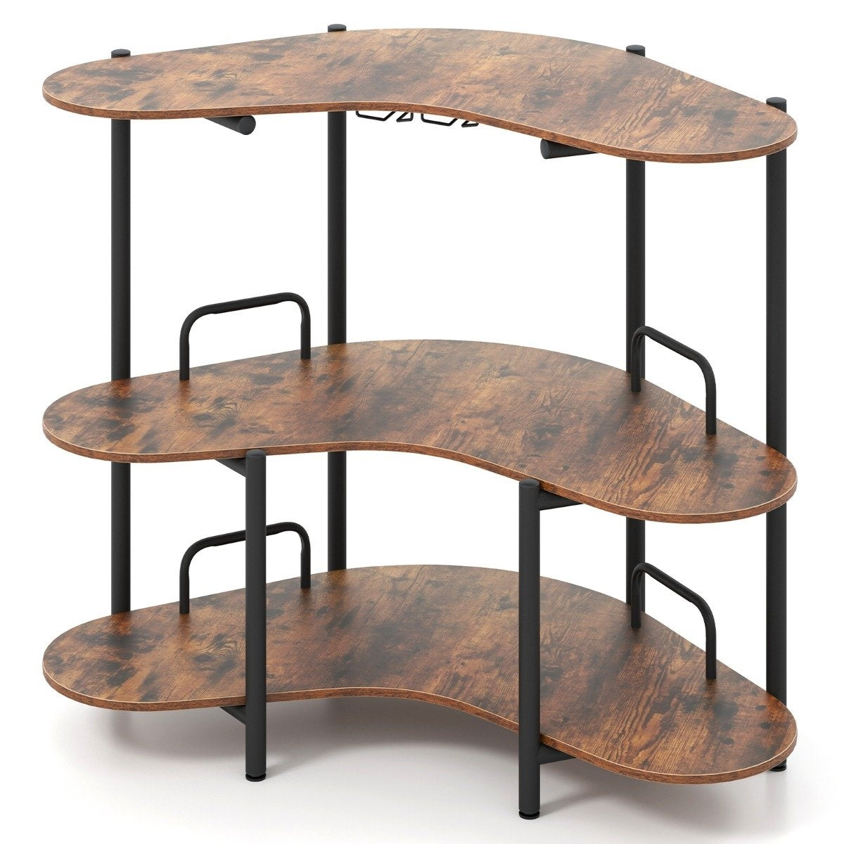 3-Tier Bar Table with Glass Holder & Metal Frame, Brown