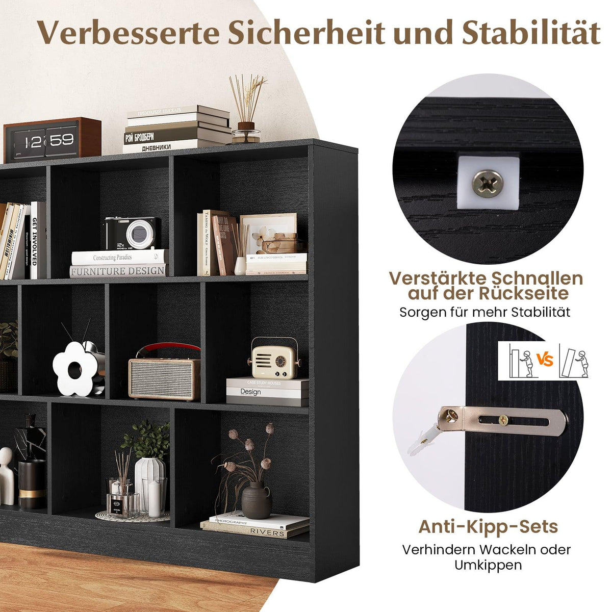 3-Tier Black Bookshelf with 10 Open Compartments