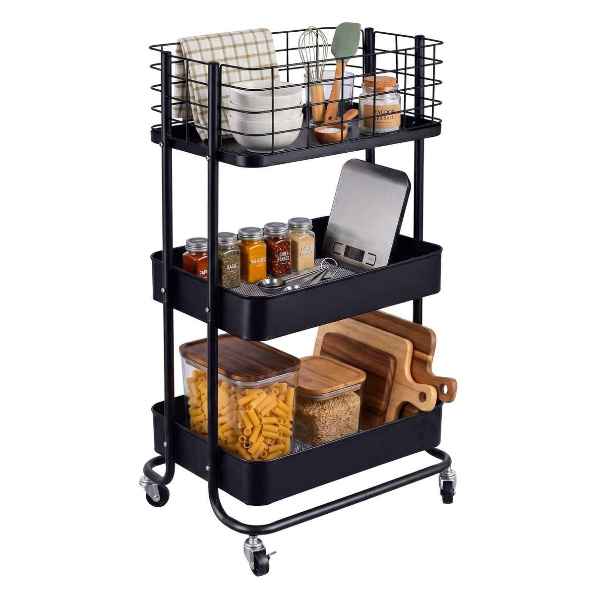 3-Tier Black Metal Rolling Storage Trolley
