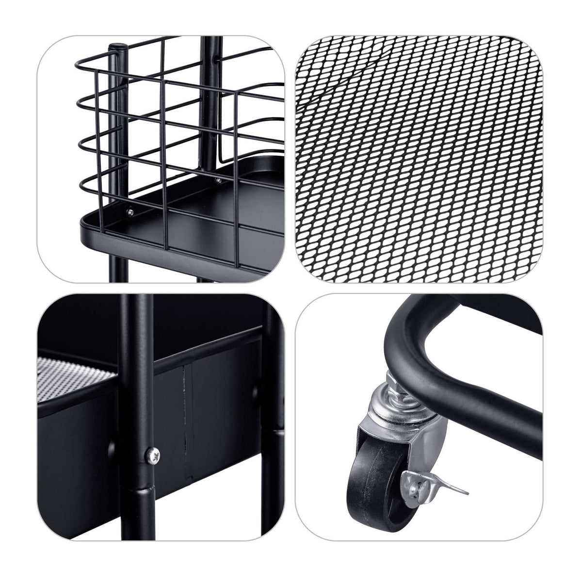 3-Tier Black Metal Rolling Storage Trolley