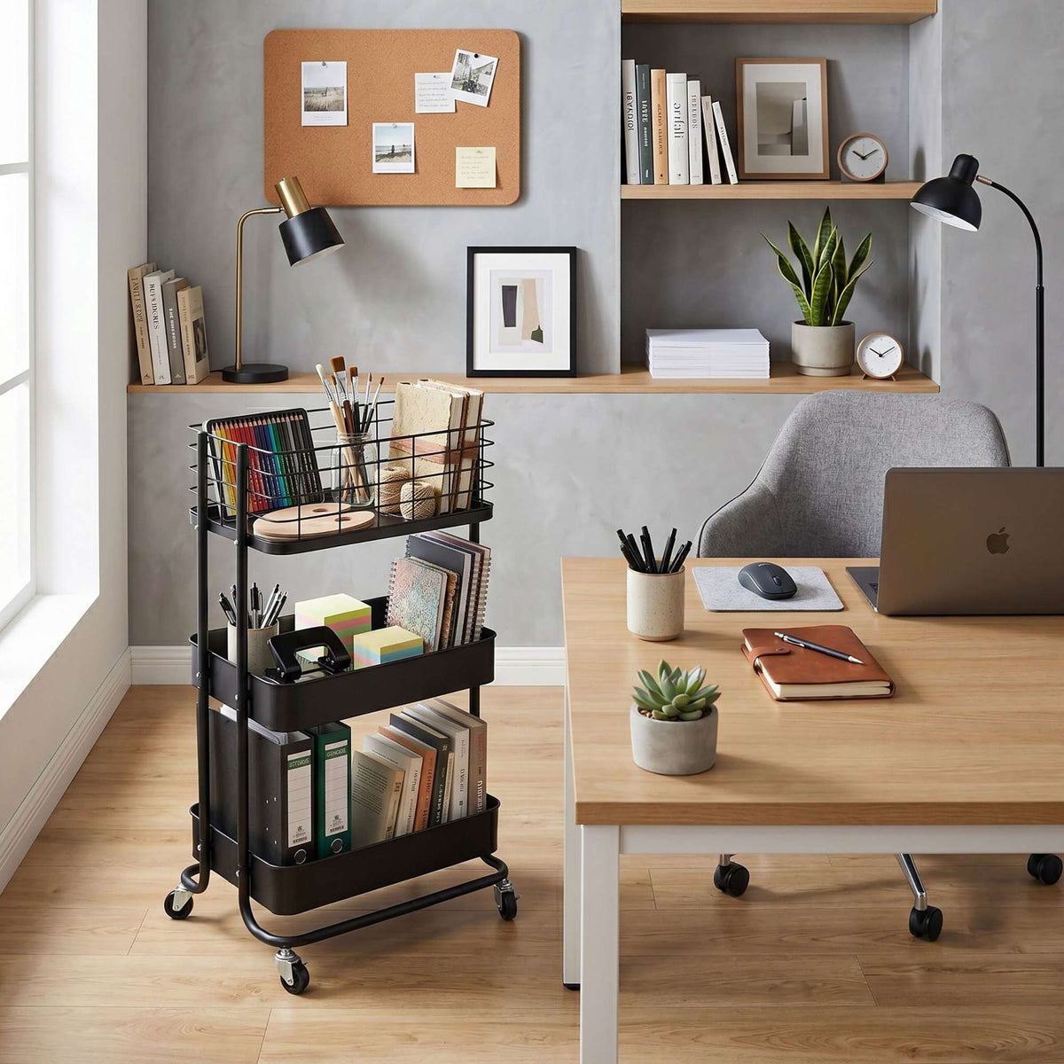 3-Tier Black Metal Rolling Storage Trolley