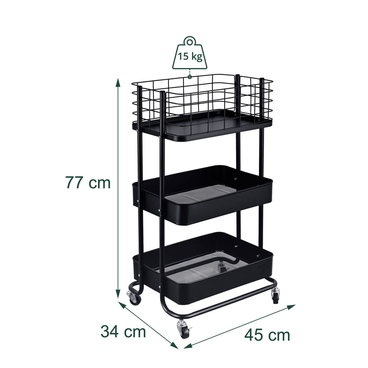 3-Tier Black Metal Rolling Storage Trolley