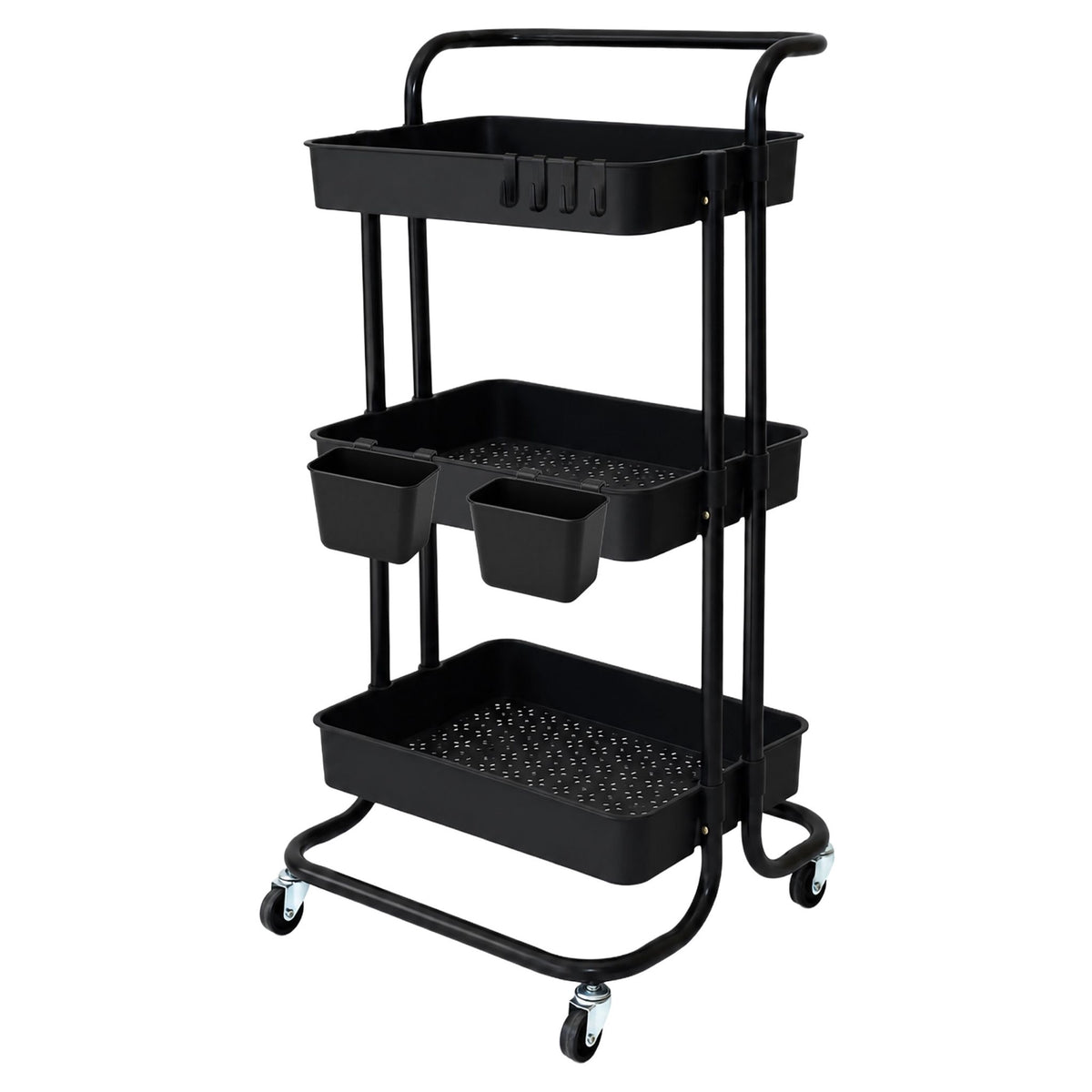 3-Tier Black Metal Storage Trolley with Wheels