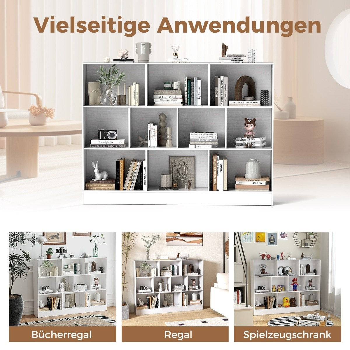 3-Tier Bookshelf with 10 Open Compartments, White