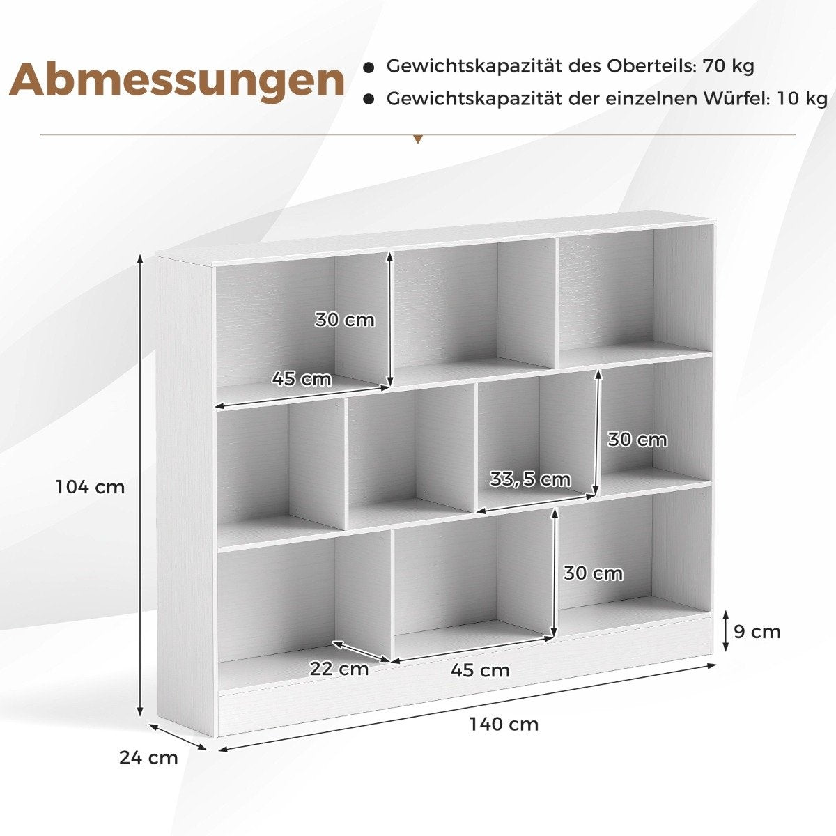 3-Tier Bookshelf with 10 Open Compartments, White