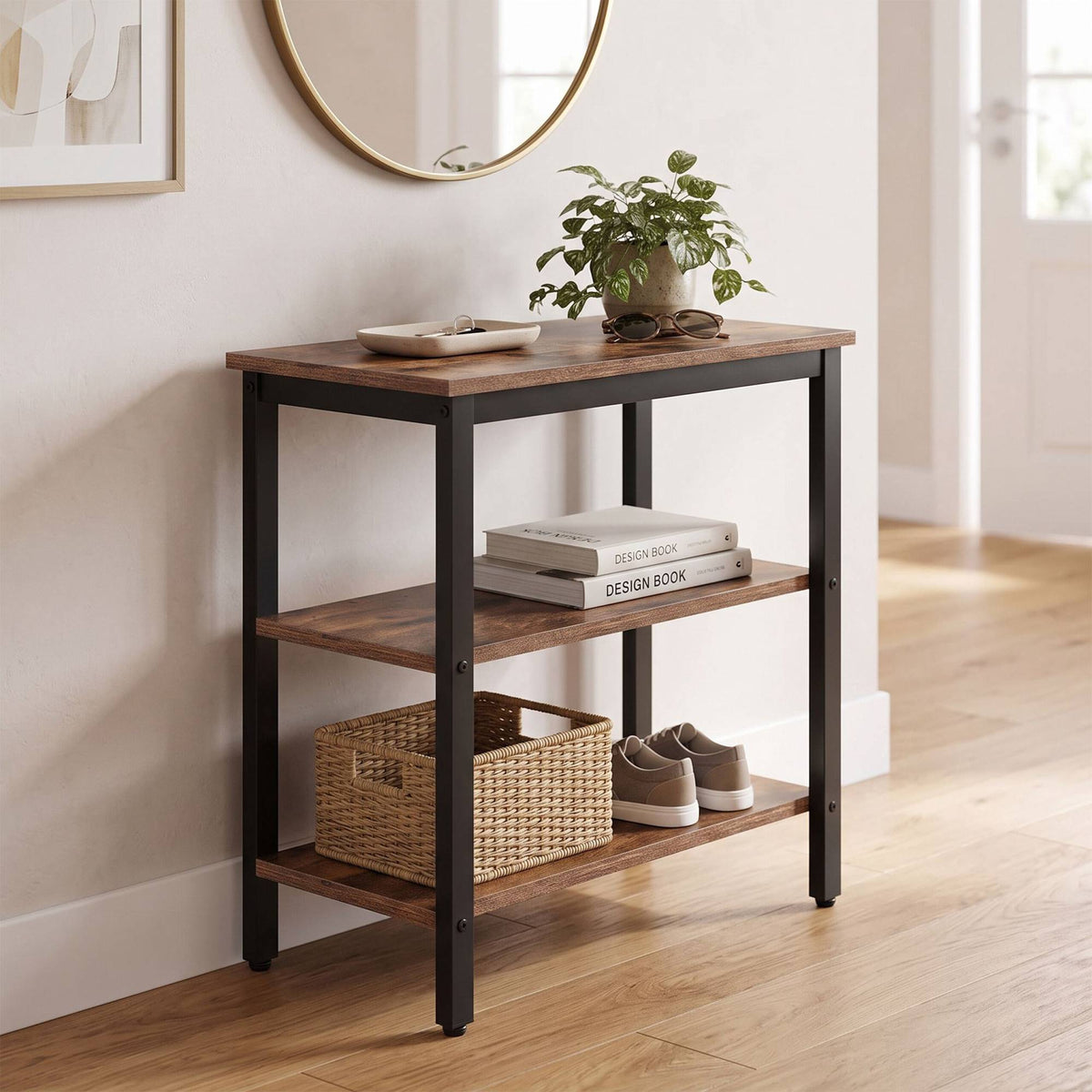 3-Tier Brown Side Table with Shelves, MDF & Metal