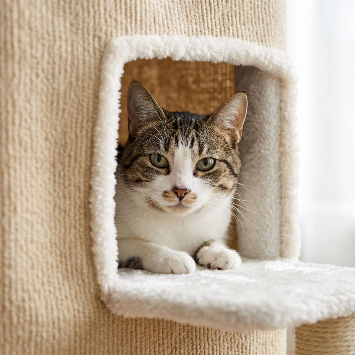 3-Tier Cat House with Sisal Post & Toy - Beige