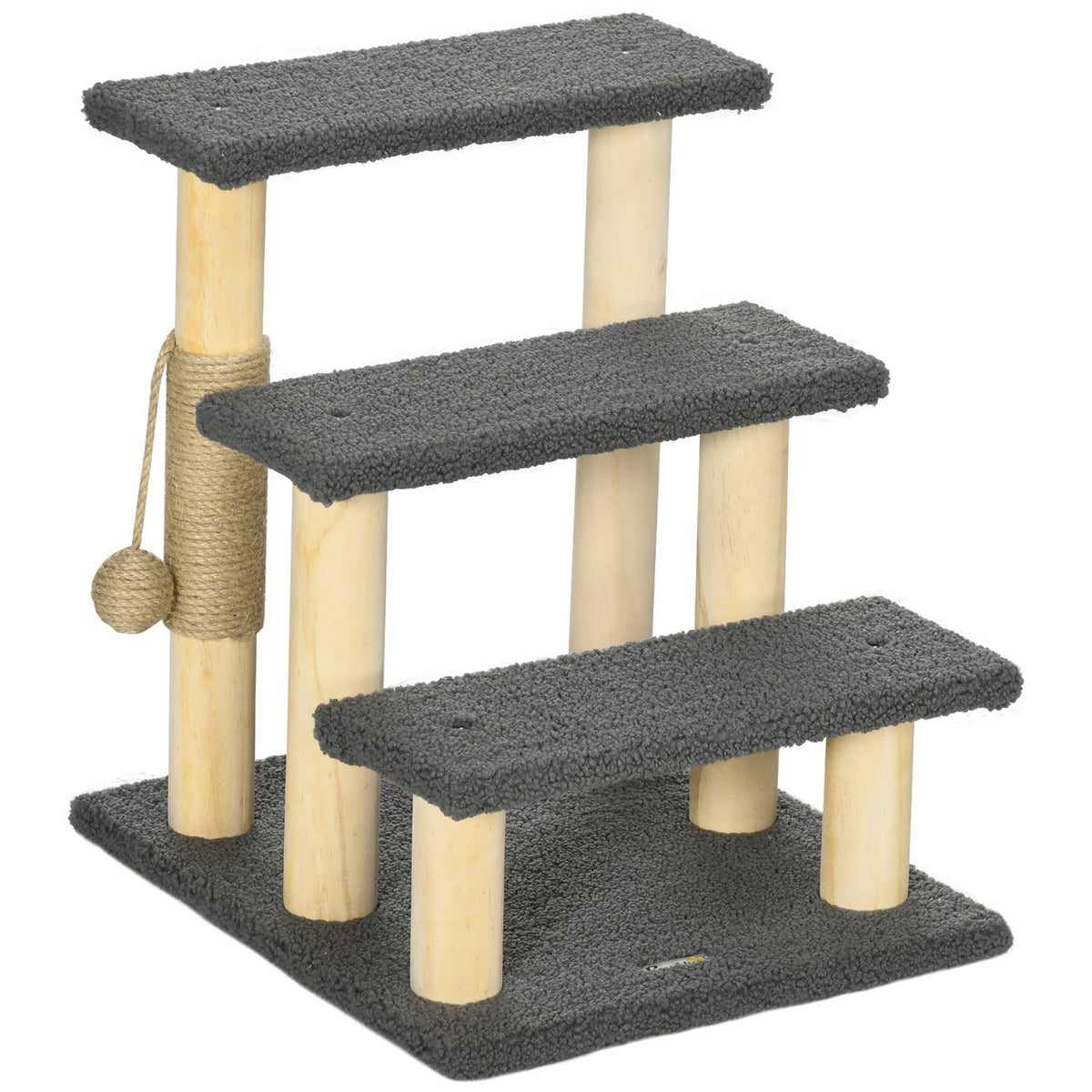 3-Tier Cat Scratching Post With Sisal Column & Play Ball, Pine Wood, Grey/Natural Wood