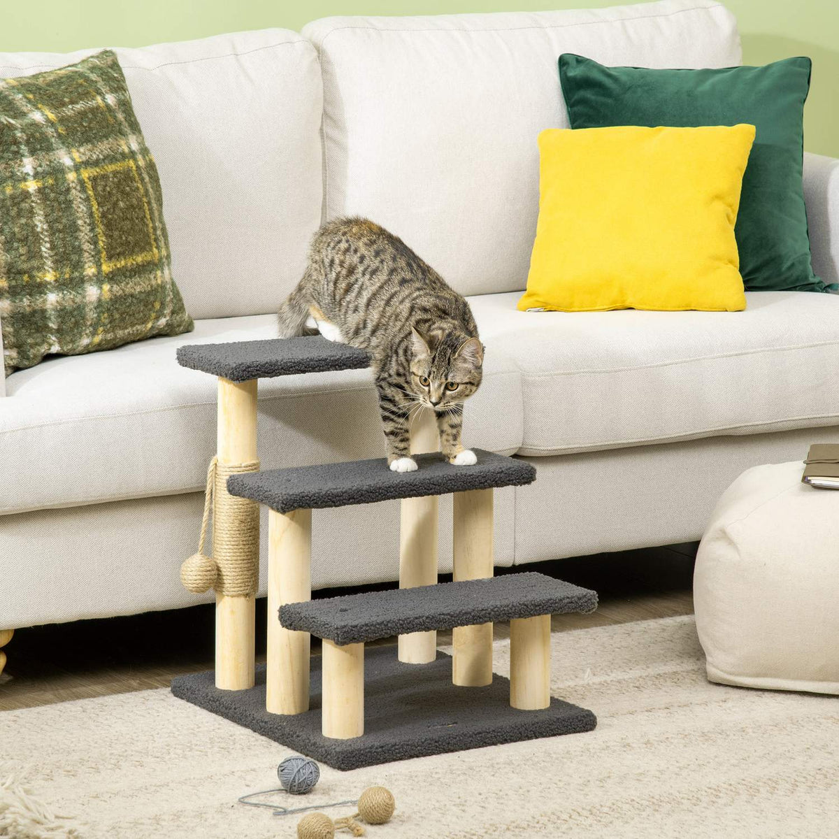 3-Tier Cat Scratching Post With Sisal Column & Play Ball, Pine Wood, Grey/Natural Wood
