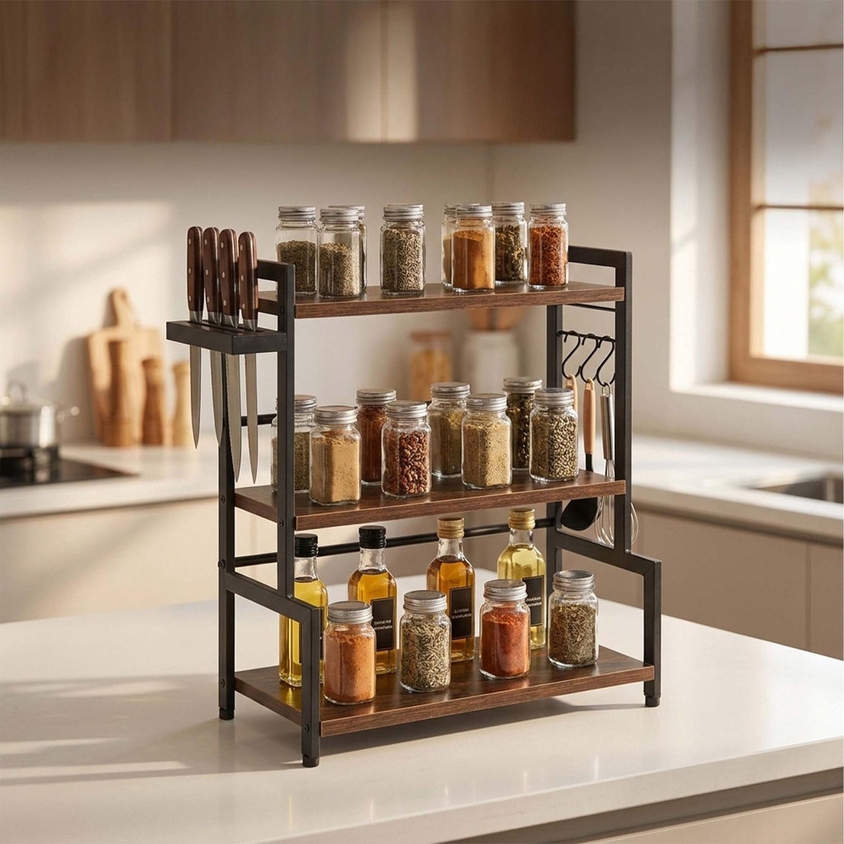 3-Tier Dark Brown Spice Rack with Hooks & Knife Holder