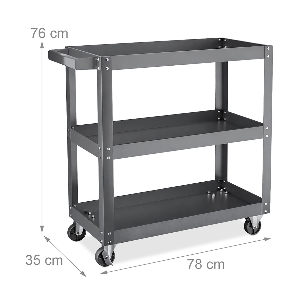 3-Tier Grey Tool Trolley with Shelves and Wheels