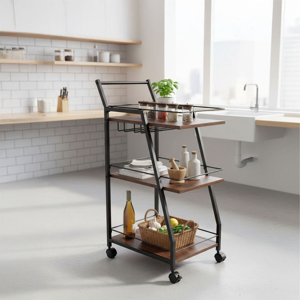3-Tier Industrial Kitchen Trolley with Glass Rack
