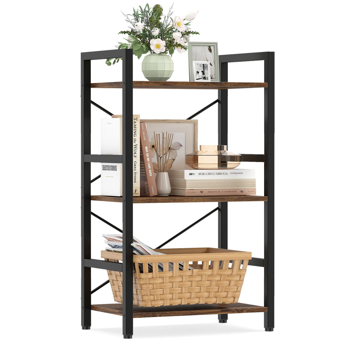 3-Tier Industrial Shelf with Metal Frame, Rustic Brown