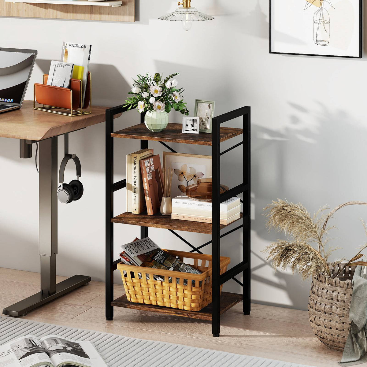 3-Tier Industrial Shelf with Metal Frame, Rustic Brown