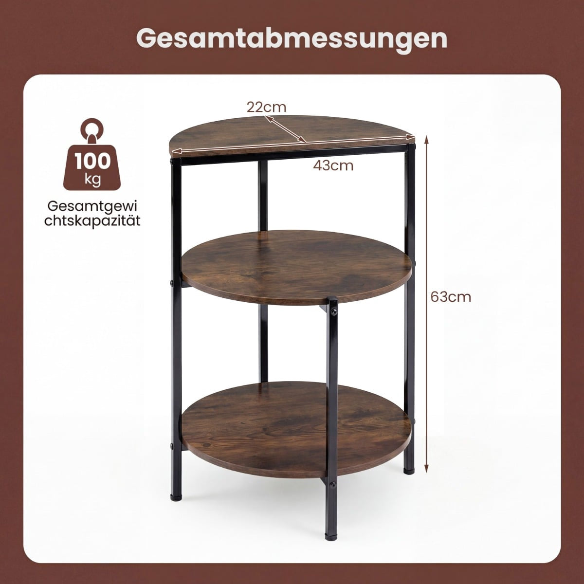 3-Tier Industrial Side Table with Metal Frame, Adjustable Feet