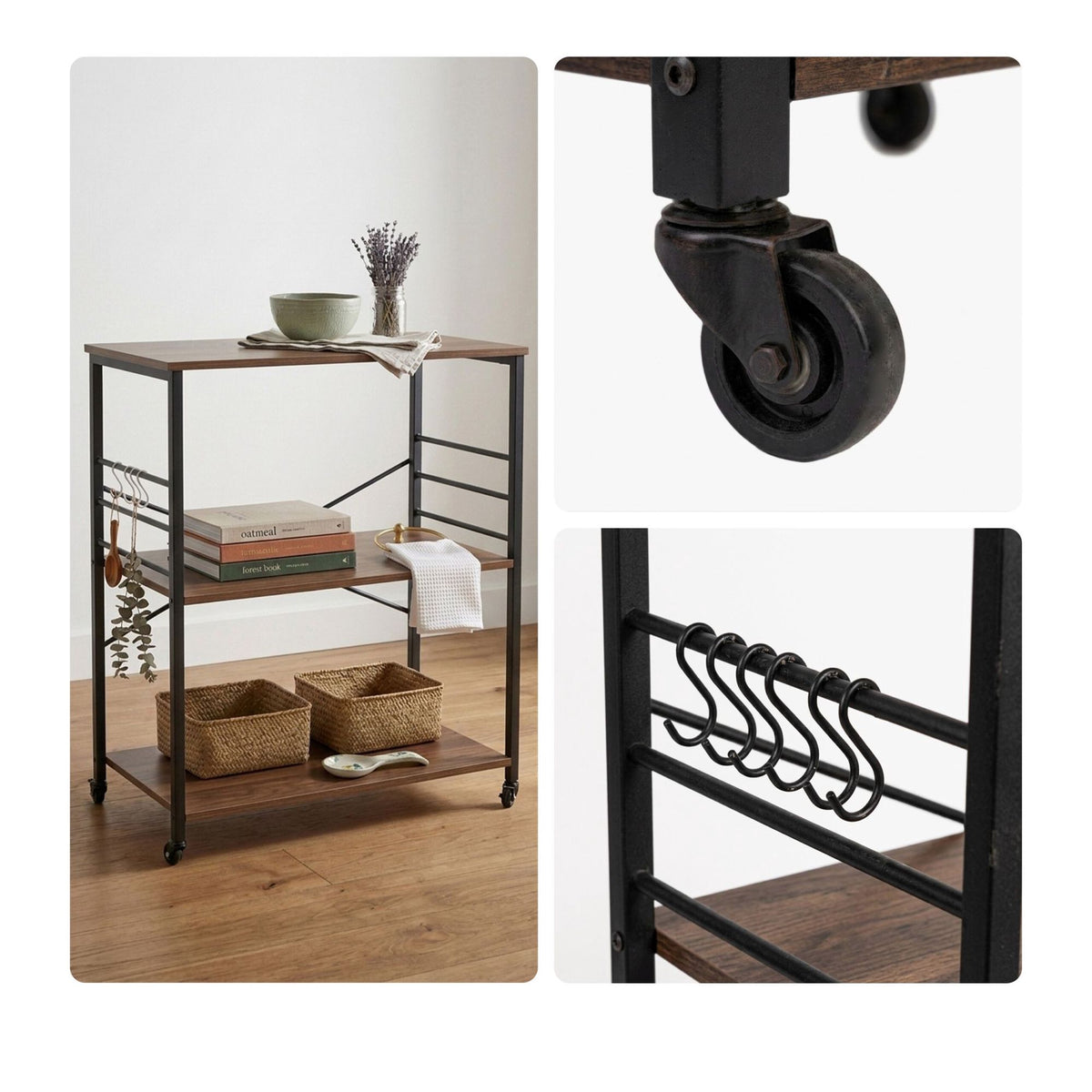 3-Tier Kitchen Cart With Wheels, 6 S-Hooks